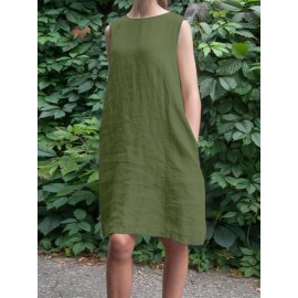 Women Solid Crew Neck Casual Sleeveless Dress With Pocket