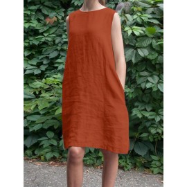 Women Solid Crew Neck Casual Sleeveless Dress With Pocket Women Solid Crew Neck Casual Sleeveless Dress With Pocket