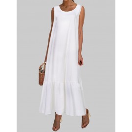 Casual Solid Color Ruffled Hem O-neck Pleated Long Maxi Tiered Dress Casual Solid Color Ruffled Hem O-neck Pleated Long Maxi Tiered Dress