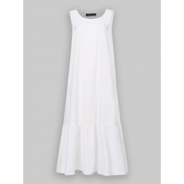 Casual Solid Color Ruffled Hem O-neck Pleated Long Maxi Tiered Dress Casual Solid Color Ruffled Hem O-neck Pleated Long Maxi Tiered Dress