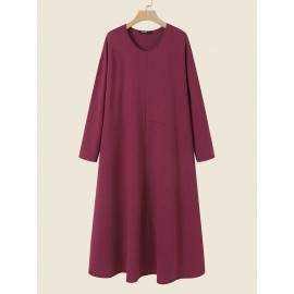 Solid V-neck Long Sleeve Casual Dress For Women