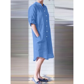 Women Solid Stand Collar Shirt Dress With Sleeve Tabs