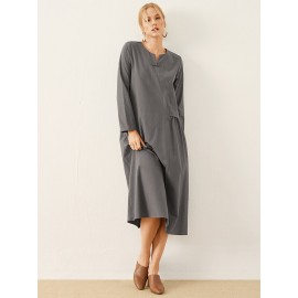 Solid Frog Button Notch Neck Long Sleeve Casual Dress
