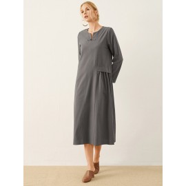 Solid Frog Button Notch Neck Long Sleeve Casual Dress Solid Frog Button Notch Neck Long Sleeve Casual Dress