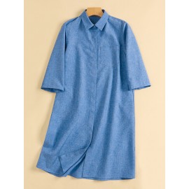 Women Plain Lapel Concealed Placket Casual Shirt Dress Women Plain Lapel Concealed Placket Casual Shirt Dress
