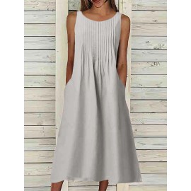 Women Solid Pleated Crew Neck Casual Sleeveless Dress