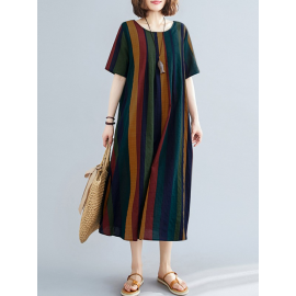 Stripe Short Sleeve Round Neck Casual Midi Dress