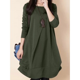 Women Solid Long Sleeve Crew Neck Casual Dress