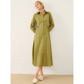 Solid Long Sleeve Button Front Lapel Shirt Dress