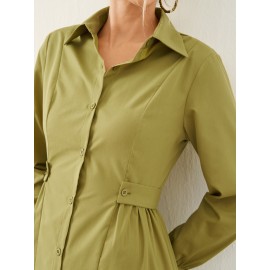 Solid Long Sleeve Button Front Lapel Shirt Dress Solid Long Sleeve Button Front Lapel Shirt Dress