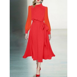 Contrast Puff Sleeve A-line Stand Collar Dress With Belt