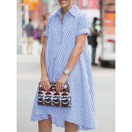 Women Gingham Plaid Lapel Half Button Short Sleeve Shirt Dress