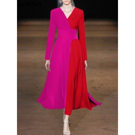 Contrast Long Sleeve A-line V-neck Dress For Women Contrast Long Sleeve A-line V-neck Dress For Women