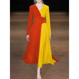 Contrast Long Sleeve A-line V-neck Dress For Women Contrast Long Sleeve A-line V-neck Dress For Women