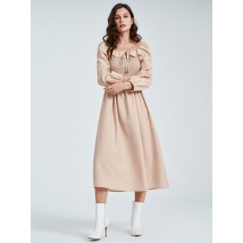Solid Shirred Tie Front Long Sleeve Square Collar Dress