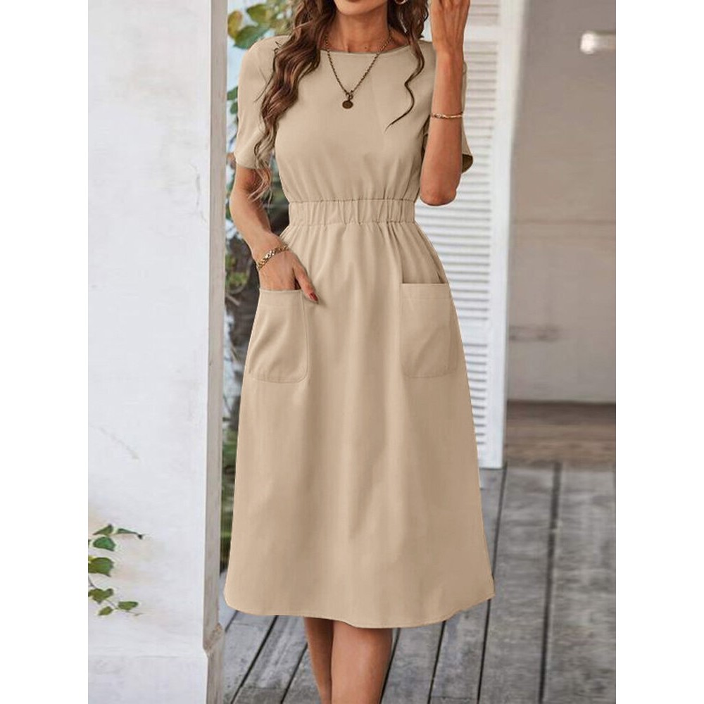 Women Solid Double Pocket Casual Short Sleeve Dress Women Solid Double Pocket Casual Short Sleeve Dress