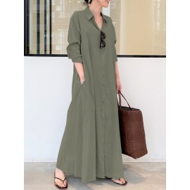 Solid Color Pocket Button Long SLeeve Casual Dress for Women
