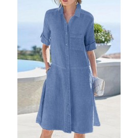Women Solid Lapel Button Up Shirt Dress With Sleeve Tabs