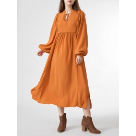 Solid Slit Tie Front Long Sleeve V-neck Casual Dress Solid Slit Tie Front Long Sleeve V-neck Casual Dress