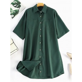 Women Solid Lapel Double Pocket Button Front Shirt Dress