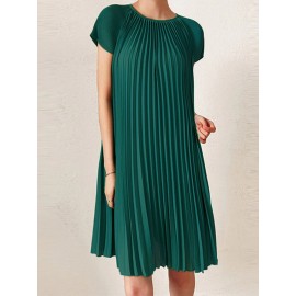 Women Solid Pleated Crew Neck Casual Short Sleeve Dress