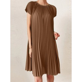 Women Solid Pleated Crew Neck Casual Short Sleeve Dress Women Solid Pleated Crew Neck Casual Short Sleeve Dress