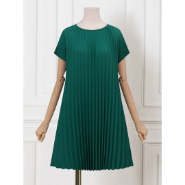 Women Solid Pleated Crew Neck Casual Short Sleeve Dress Women Solid Pleated Crew Neck Casual Short Sleeve Dress