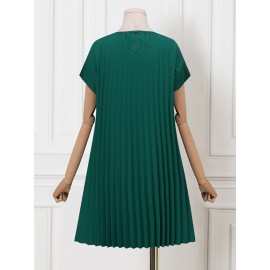 Women Solid Pleated Crew Neck Casual Short Sleeve Dress Women Solid Pleated Crew Neck Casual Short Sleeve Dress