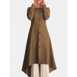 Solid Color Button Curved Hem Casual Muslim Dress for Women