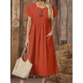 Women Solid Pleated Crew Neck Double Pocket Casual Dress Women Solid Pleated Crew Neck Double Pocket Casual Dress