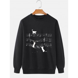 Mens Cat Music Note Print Crew Neck Pullover Sweatshirts