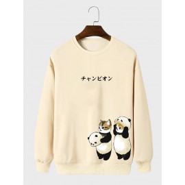 Mens Japanese Cartoon Panda Cat Print Crew Neck Pullover Sweatshirts
