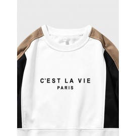 Mens Letter Print Color Block Patchwork Crew Neck Casual Pullover Sweatshirts Winter