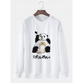 Mens Cartoon Panda Cat Print Crew Neck Pullover Sweatshirts