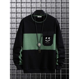 Mens Smile Face Print Patchwork Crew Neck Pullover Sweatshirts Winter