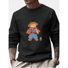 Mens Japanese Warrior Cat Print Crew Neck Pullover Sweatshirts