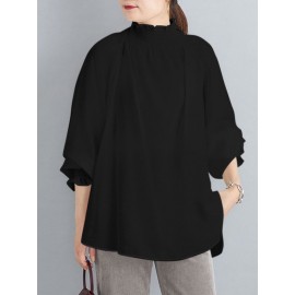 Women Solid Shirred Detail Casual Raglan Sleeve Blouse