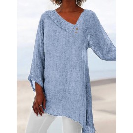 Women Irregular Design Plain Cotton Long Sleeve Blouse
