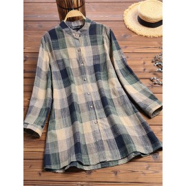 Vintage Print Plaid Multicolor Long Sleeve Button Blouse