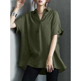 Women Solid Johnny Collar Casual Short Sleeve Blouse