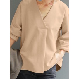 Women Solid V-Neck Pleated Casual Long Sleeve Blouse