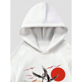 Mens Chinese Style Crane Landscape Print Long Sleeve Hoodies Winter