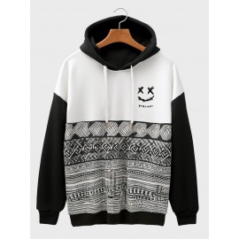 Mens Monochrome Smile Ethnic Geometric Print Patchwork Drawstring Hoodies Winter