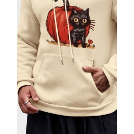 Mens Cartoon Pumpkin Cat Print Kangaroo Pocket Drawstring Hoodies Winter