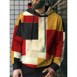 Mens Color Block Kangaroo Pocket Loose Drawstring Hoodies Winter